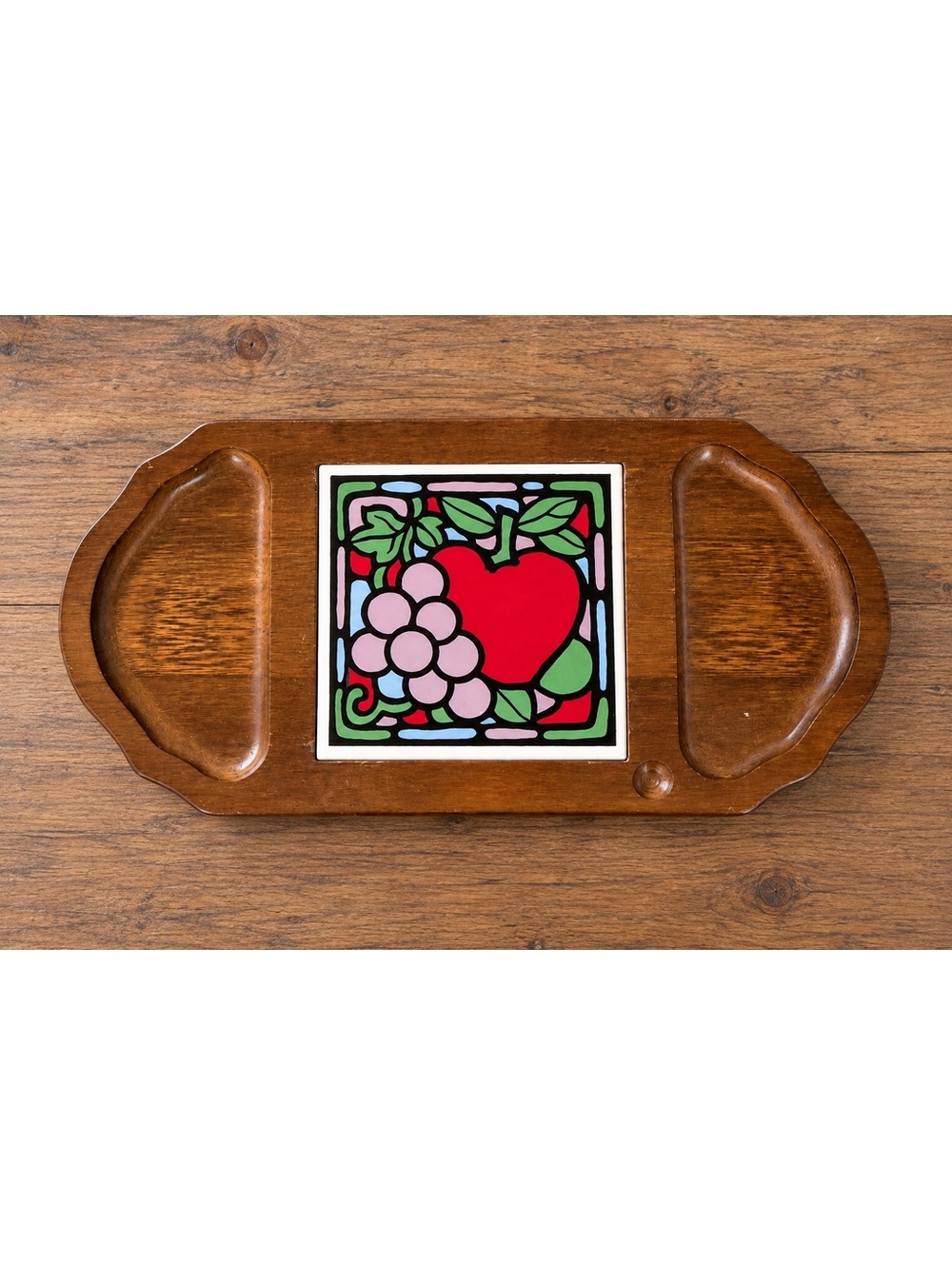 Vintage Tundra Wood Serving Tray Ceramic Tile Apple Grapes Taiwan 1970s MCM